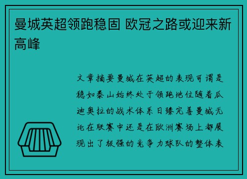 曼城英超领跑稳固 欧冠之路或迎来新高峰