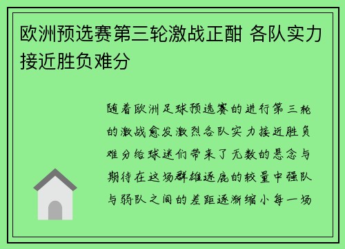 欧洲预选赛第三轮激战正酣 各队实力接近胜负难分