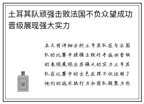土耳其队顽强击败法国不负众望成功晋级展现强大实力