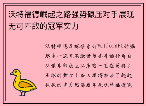 沃特福德崛起之路强势碾压对手展现无可匹敌的冠军实力