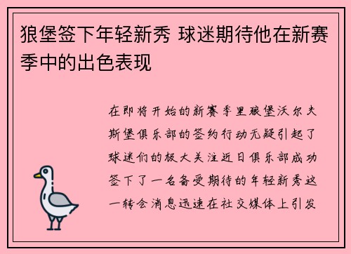 狼堡签下年轻新秀 球迷期待他在新赛季中的出色表现