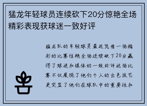 猛龙年轻球员连续砍下20分惊艳全场精彩表现获球迷一致好评