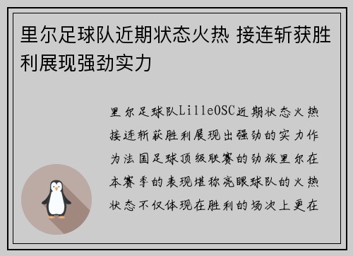 里尔足球队近期状态火热 接连斩获胜利展现强劲实力