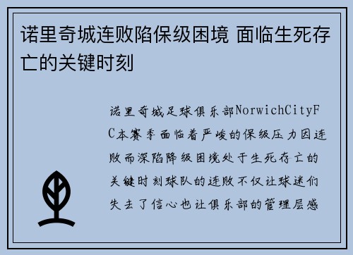 诺里奇城连败陷保级困境 面临生死存亡的关键时刻