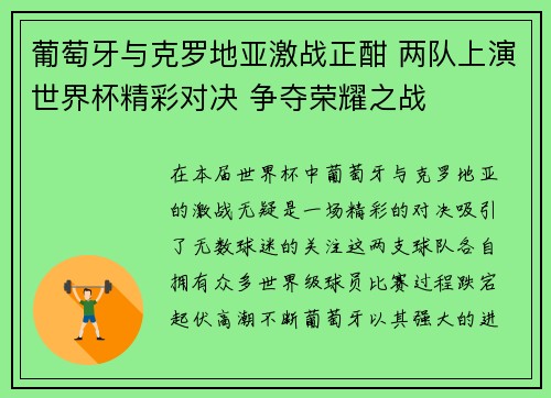 葡萄牙与克罗地亚激战正酣 两队上演世界杯精彩对决 争夺荣耀之战